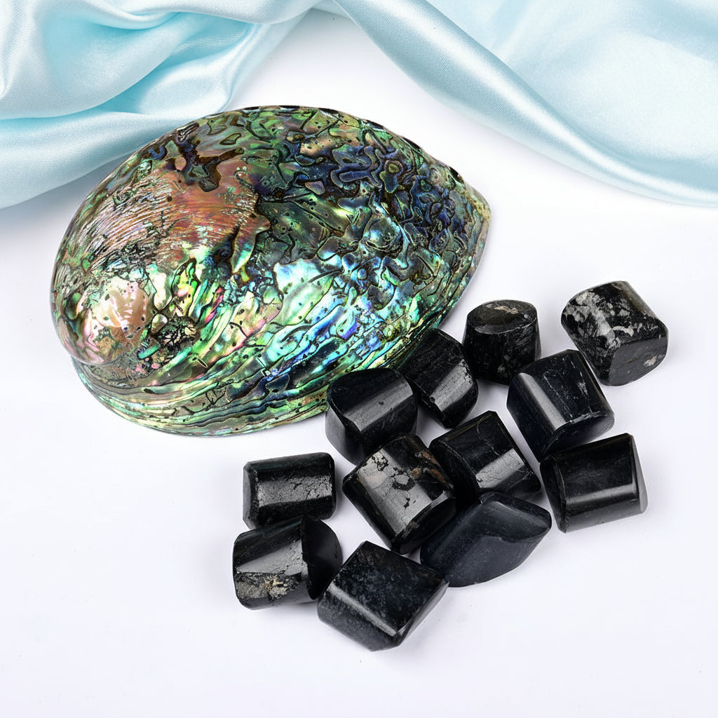8 Directions Tumble Stone in Paua Shell-With Plate-Black Tourmaline (South West)