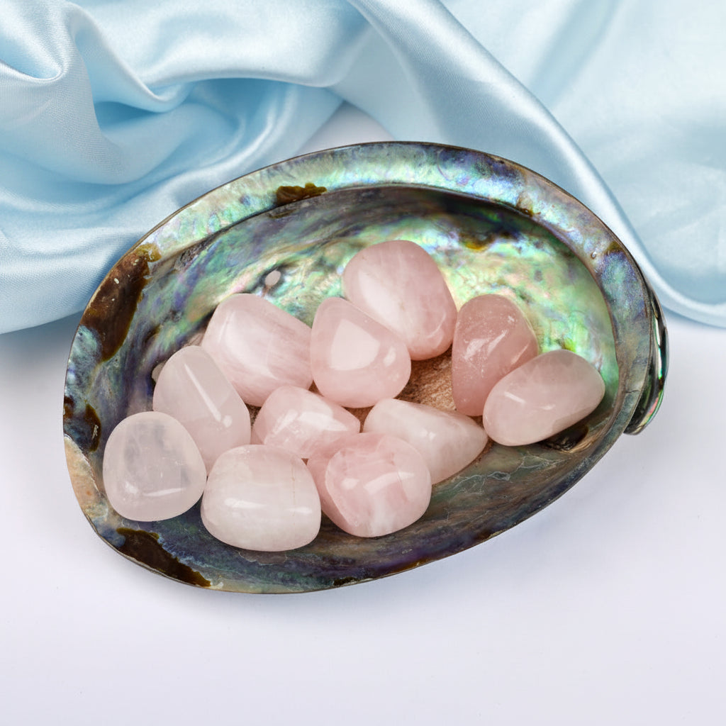 8 Directions Tumble Stone in Paua Shell-With Plate-Rose Quartz (East)