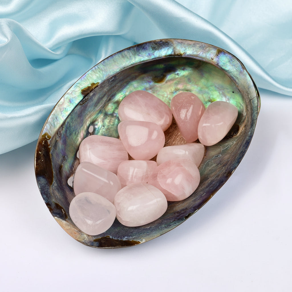 8 Directions Tumble Stone in Paua Shell-With Plate-Rose Quartz (East)