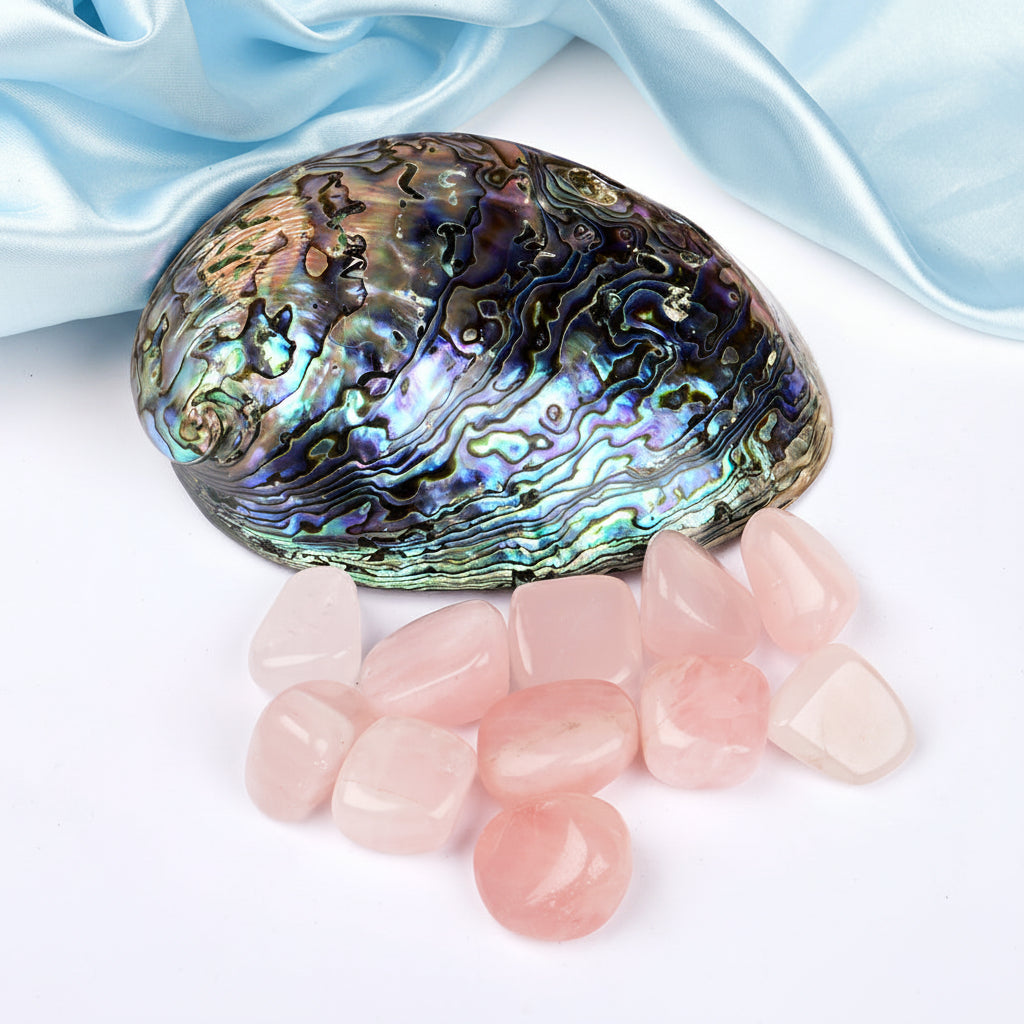8 Directions Tumble Stone in Paua Shell-With Plate-Rose Quartz (East)