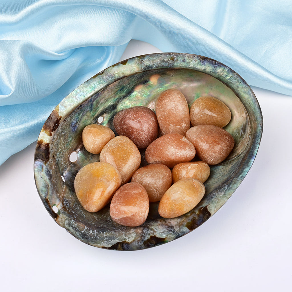 8 Directions Tumble Stone in Paua Shell-With Plate-Orange Carnelian (West)