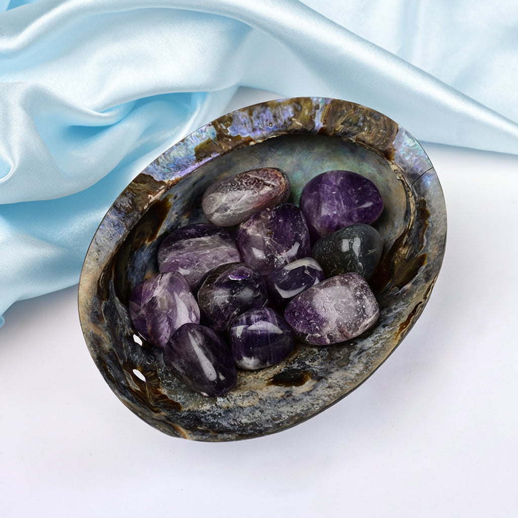 8 Directions Tumble Stone in Paua Shell-With Plate-Amethyst (North East)