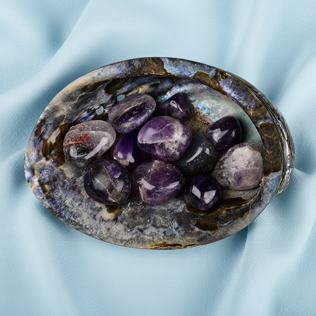 8 Directions Tumble Stone in Paua Shell-With Plate-Amethyst (North East)