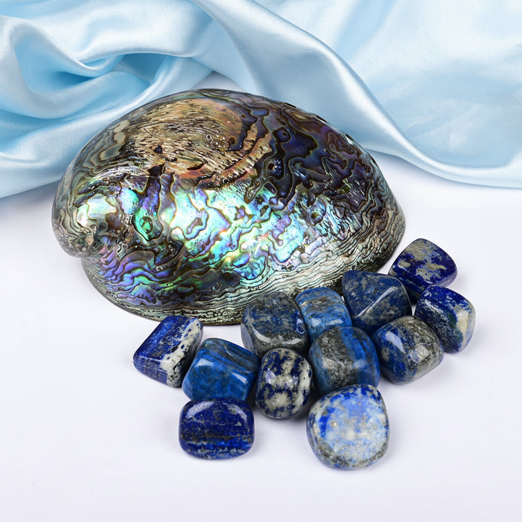 8 Directions Tumble Stone in Paua Shell-With Plate-Lapis Lazuli (North)