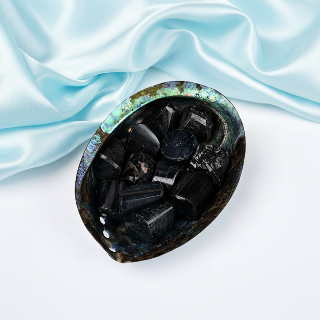 8 Directions Tumble Stone in Paua Shell-With Plate-Black Tourmaline (South West)