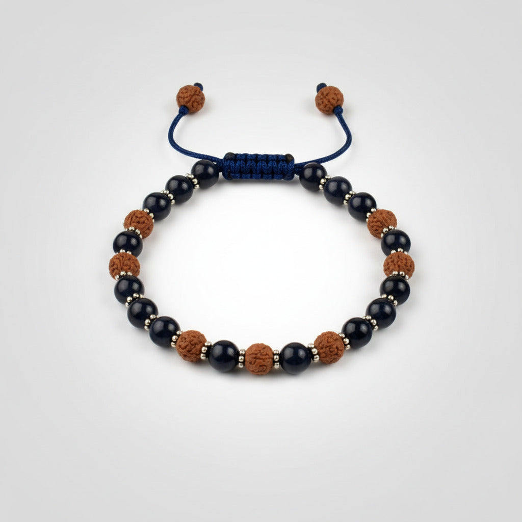Blue Sapphire & Rudraksha Bracelet With 925 Silver Chakri & Adjustable Thread