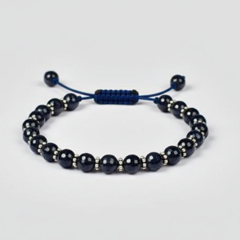 Round Blue Sapphire Faceted Bracelet with Silver Chakri