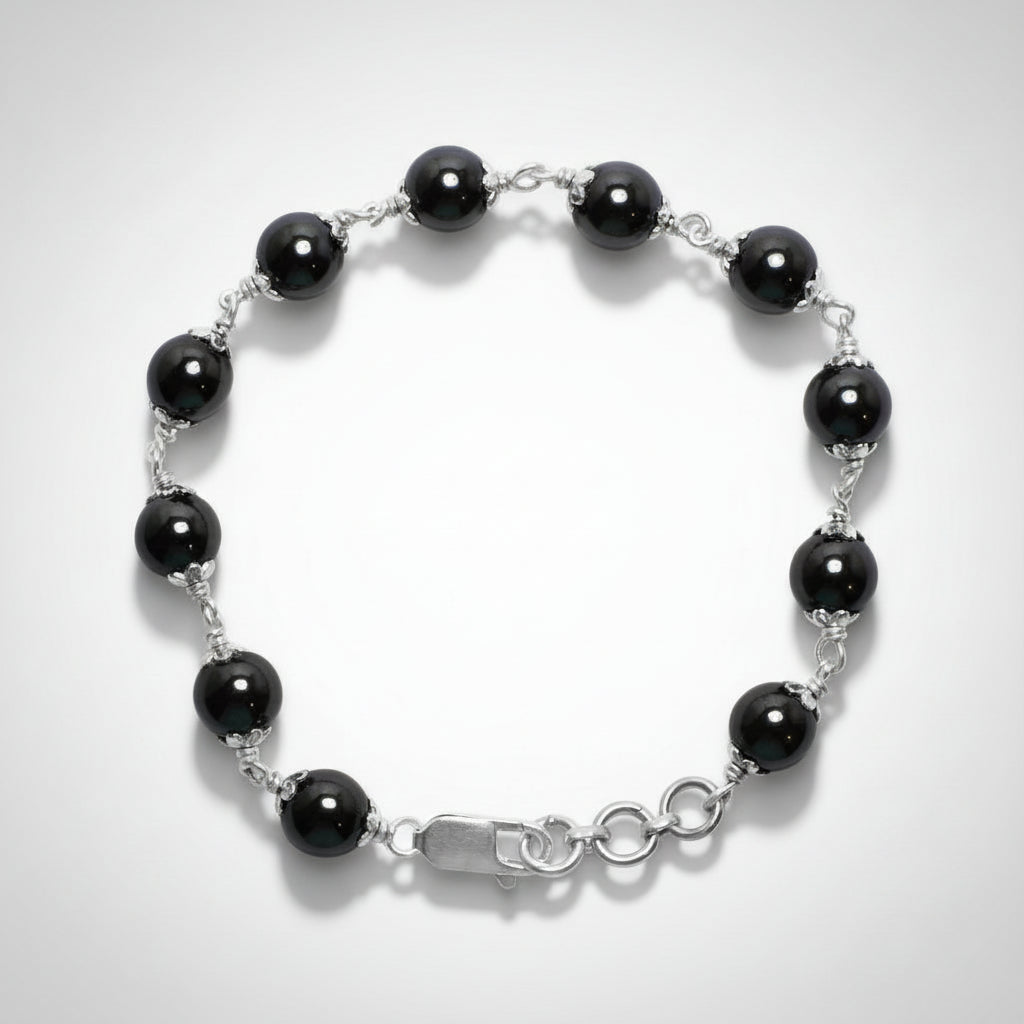 Hematite Bracelet in Pure Silver Flower Caps