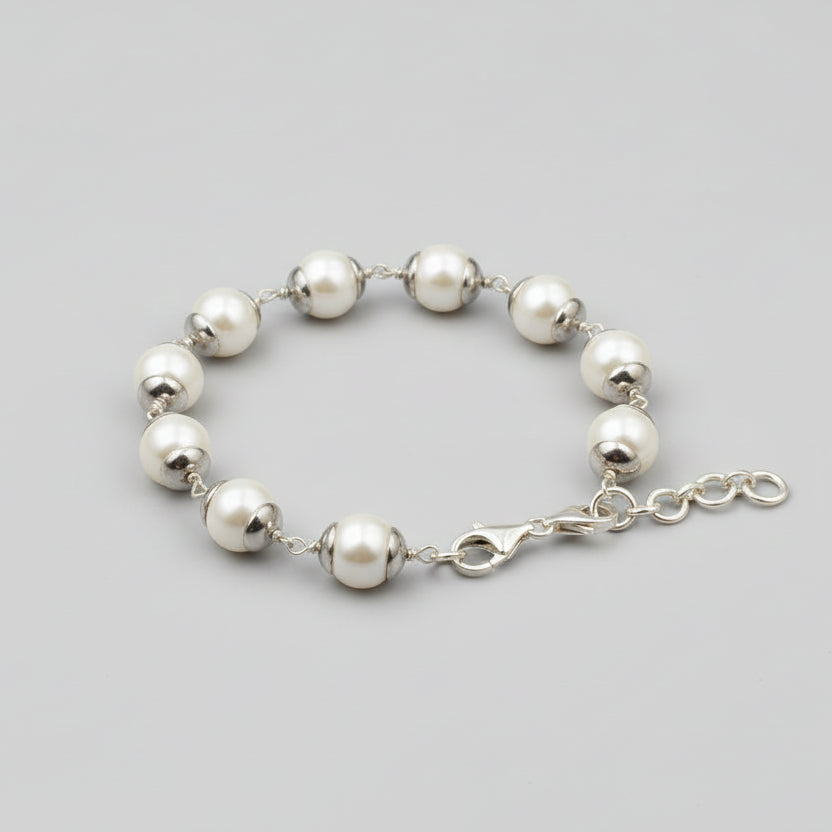 Pearl (Moti) 925 Plain Silver Caps Bracelet