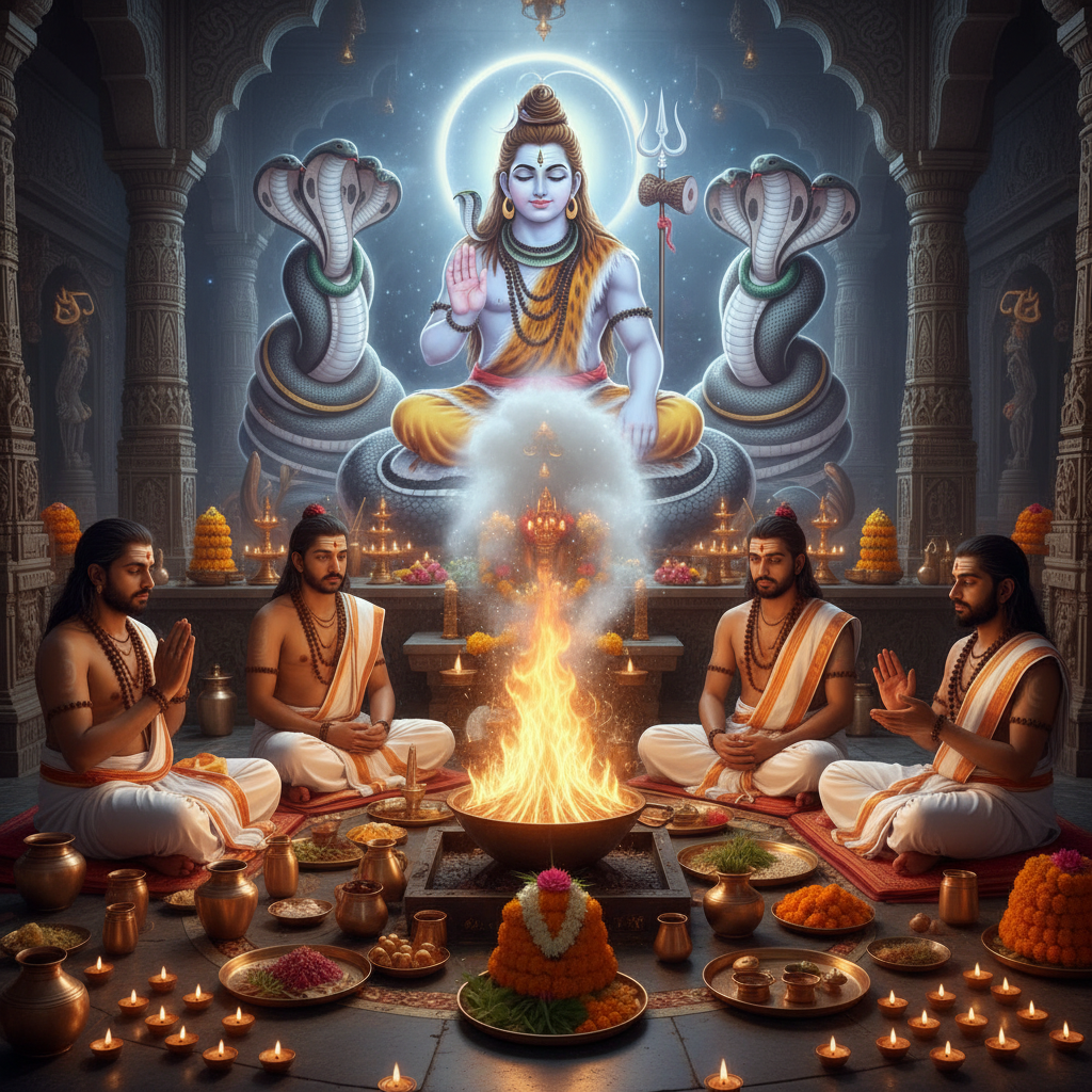 Kaal Sarp Dosh Nivaran Puja at Naag Vasuki Mandir, Prayagraj, Square image of  Puja with specific Lord visuals glowing in the background, 4–6 pandits sitting and performing pooja around a havan kund, traditional setup, spiritual atmosphere, high-quality.