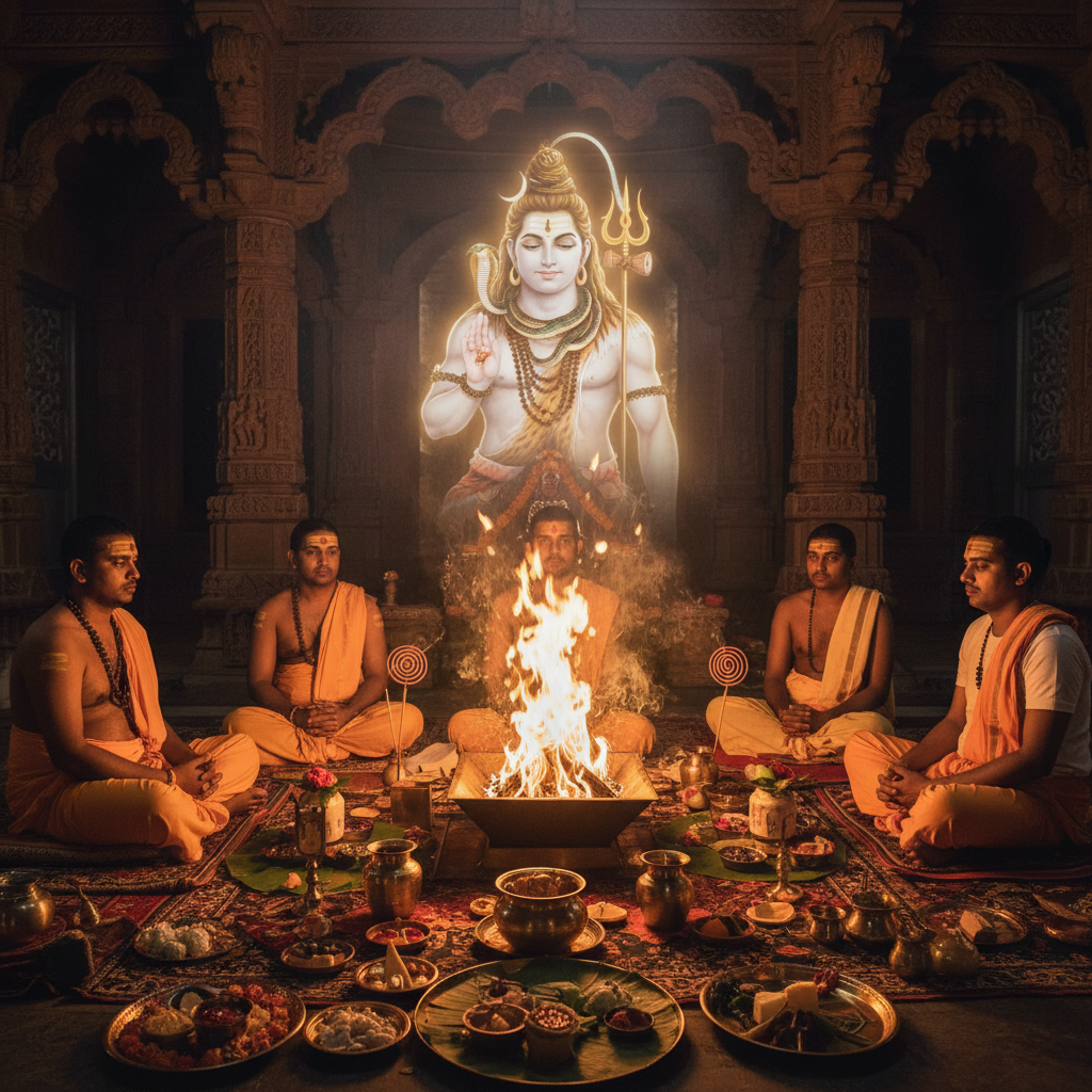 Kaal Sarp Dosh Nivaran Puja at Vindhyavasini Devi Temple, Square image of  Puja with specific Lord visuals glowing in the background, 4–6 pandits sitting and performing pooja around a havan kund, traditional setup, spiritual atmosphere, high-quality.