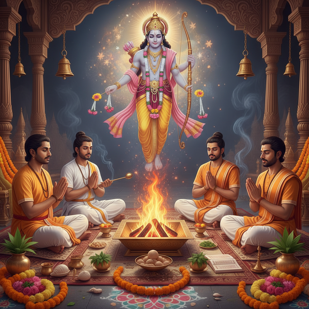 Kamadeva Puja and Yajna, Square image of  Puja with specific Lord visuals glowing in the background, 4–6 pandits sitting and performing pooja around a havan kund, traditional setup, spiritual atmosphere, high-quality.