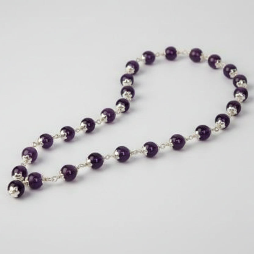 Amethyst Beads Mala in Pure Silver Flower Caps (6 mm)-72+1 Beads