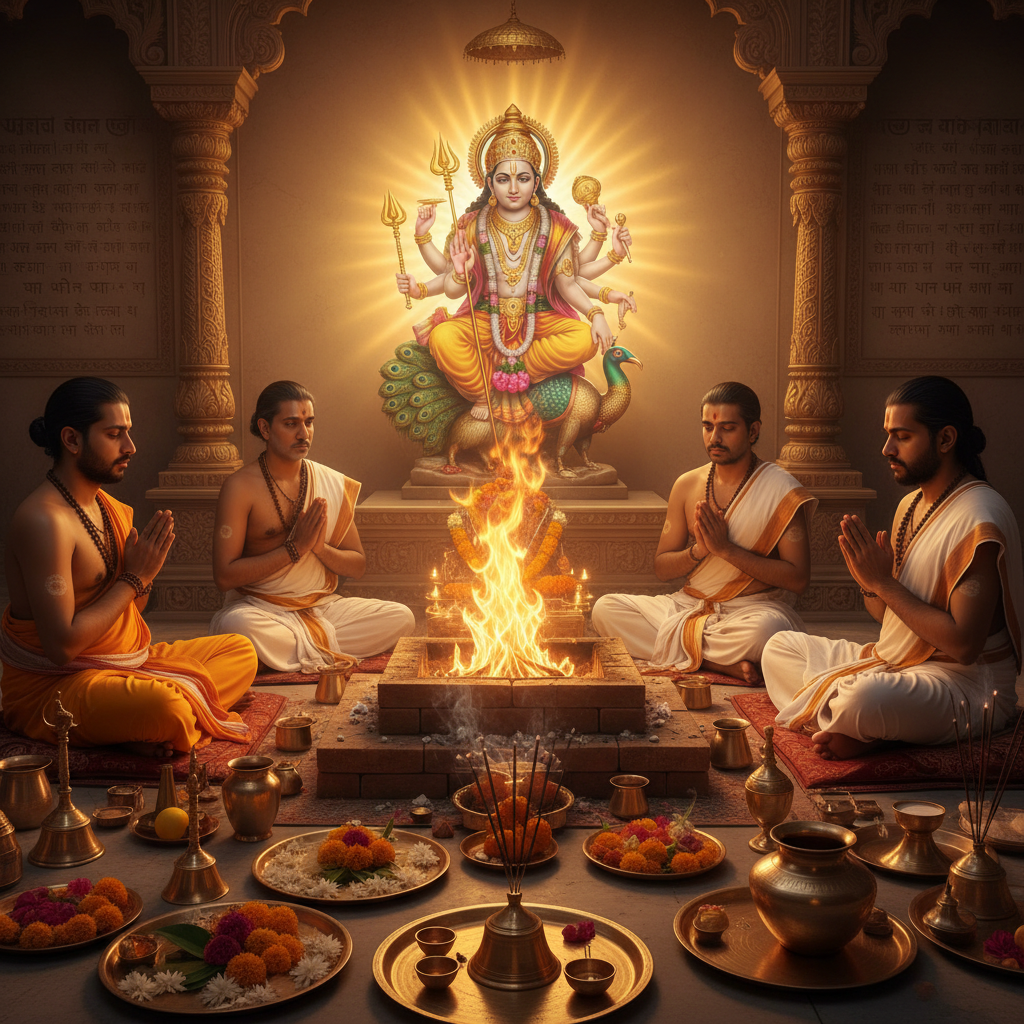 Kartikeya Puja Mantra Japa and Yajna, Square image of  Puja with specific Lord visuals glowing in the background, 4–6 pandits sitting and performing pooja around a havan kund, traditional setup, spiritual atmosphere, high-quality.