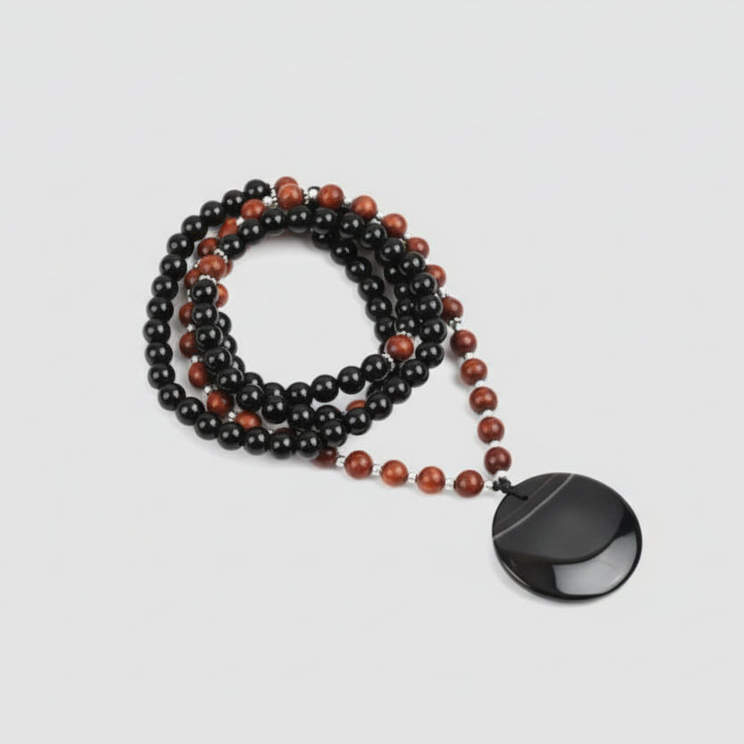 Black Agate and Red Sandal Beads Mala