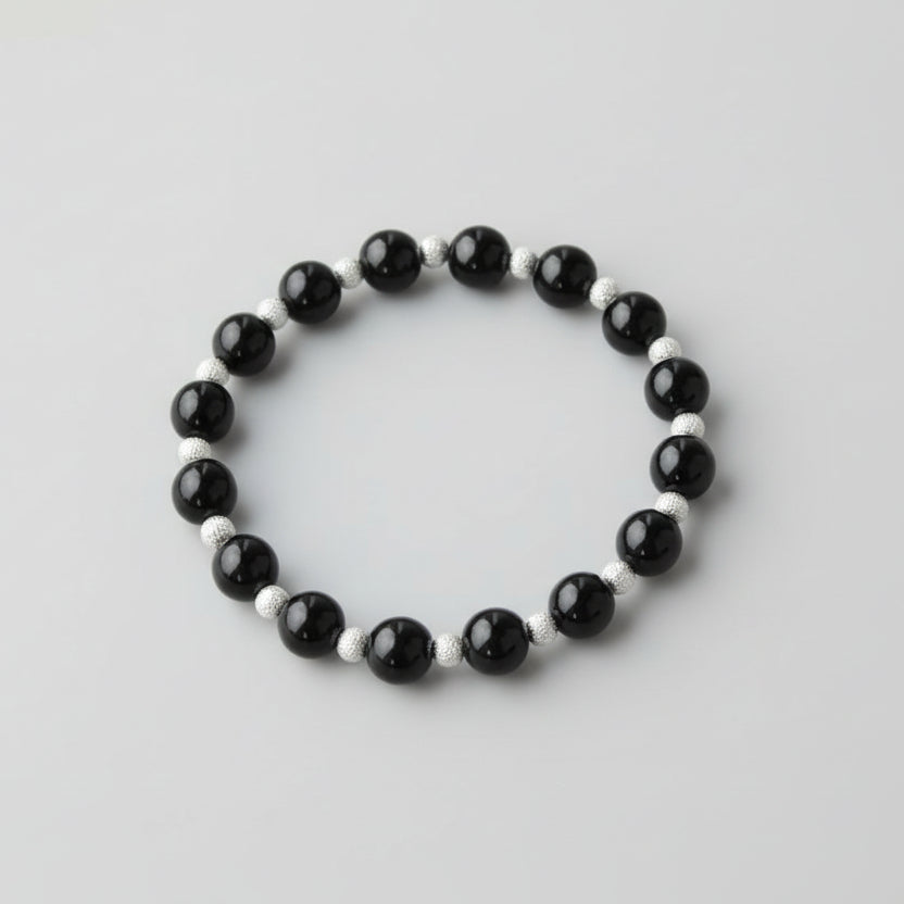 Black Agate Bracelet with German Silver Balls