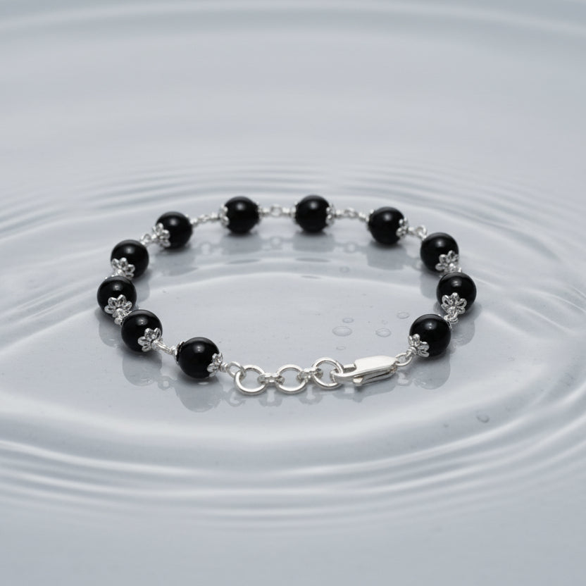Black Agate Bracelet in Pure Silver Flower Caps
