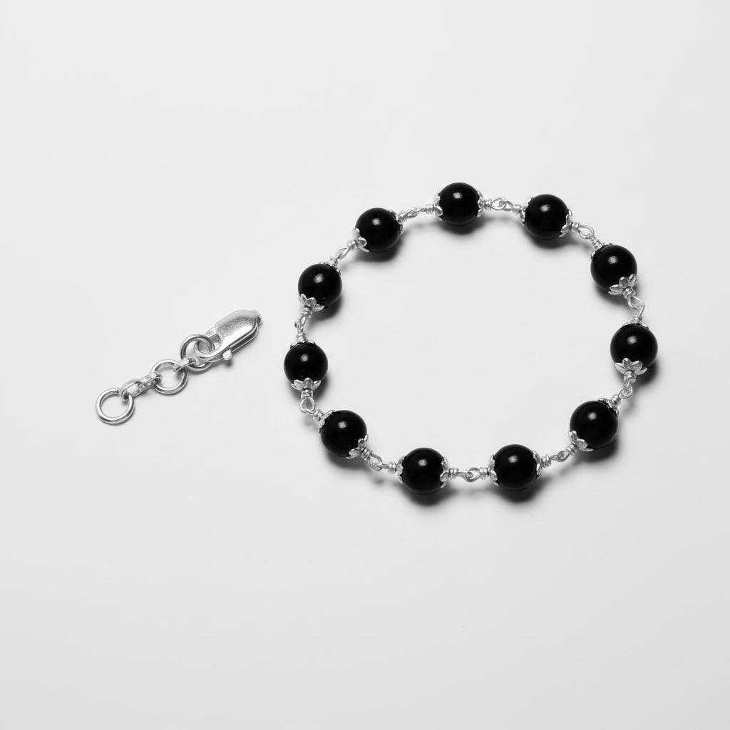 Black Agate Bracelet in Pure Silver Flower Caps