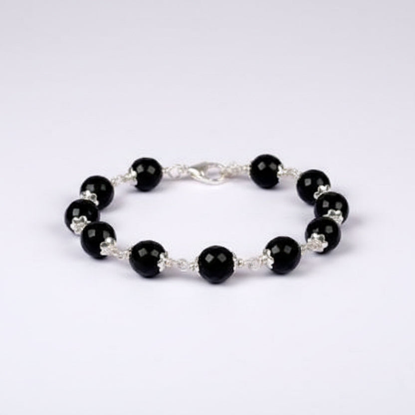 Black agate Faceted Bracelet in Pure Silver Flower Caps (10 mm)