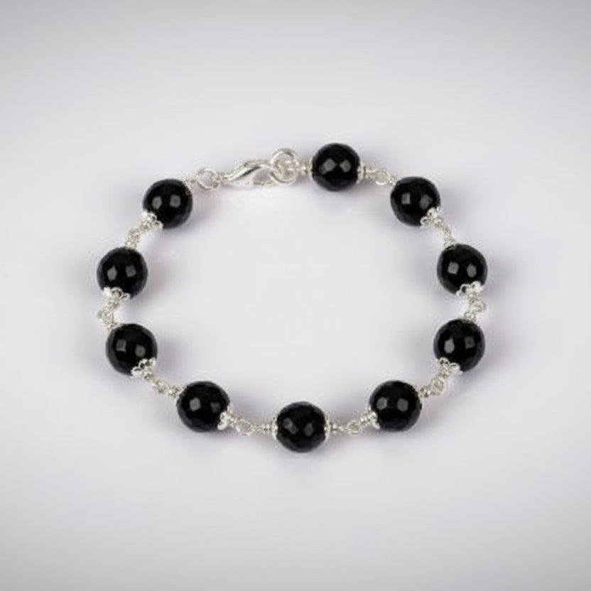 Black agate Faceted Bracelet in Pure Silver Flower Caps (10 mm)