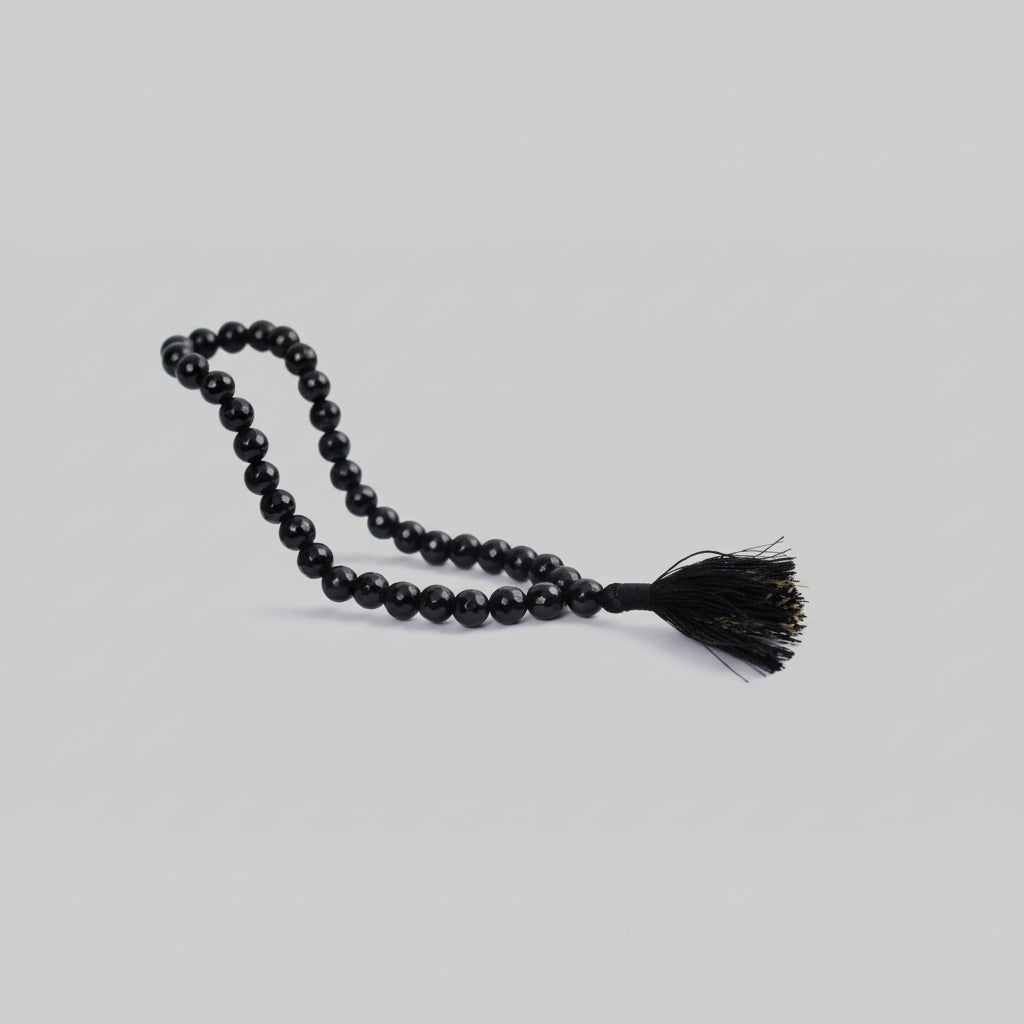 Black Agate Faceted Beads Mala-108+1 Beads (Size: 10 mm)