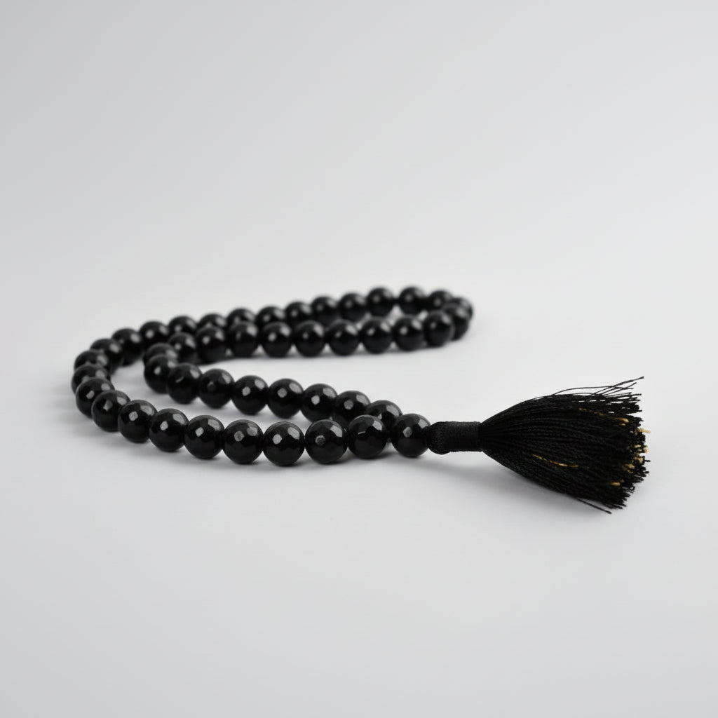 Black Agate Faceted Beads Mala-72+1 Beads (Size: 10 mm)