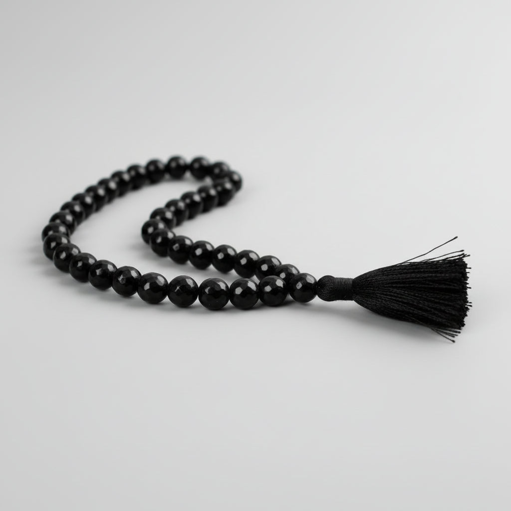 Black Agate Faceted Beads Mala-54+1 Beads (Size: 10 mm)