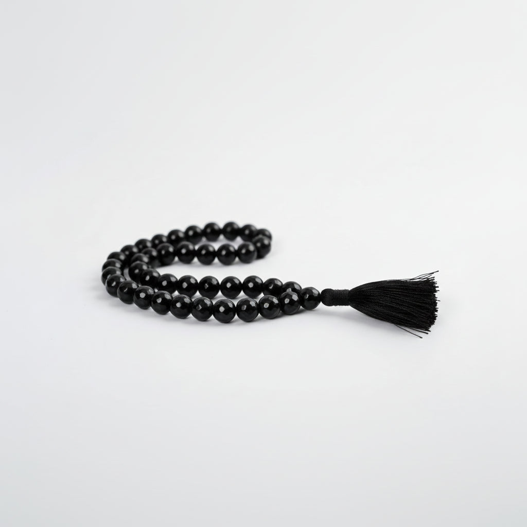 Black Agate Faceted Beads Mala-108+1 Beads (Size: 8 mm)