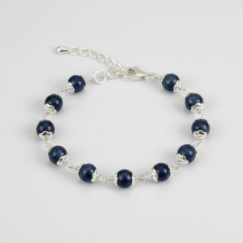 Round Blue Sapphire Bracelet with Flower Sterling Silver Capping