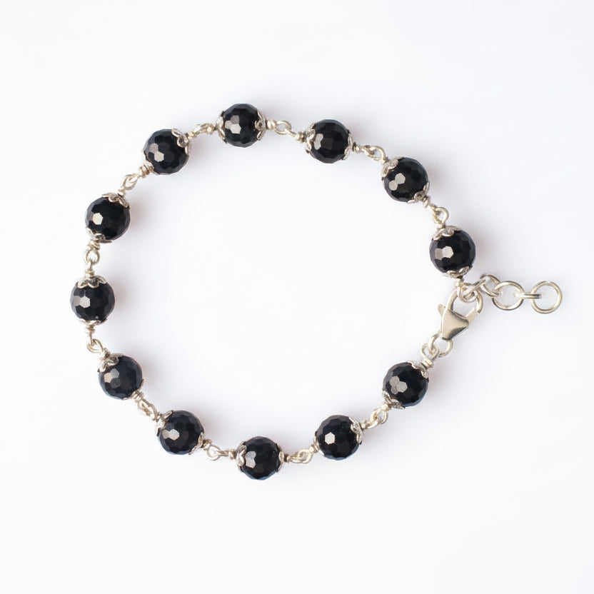 Blue Sapphire Faceted Bracelet in Pure Silver Flower Caps (7 mm)