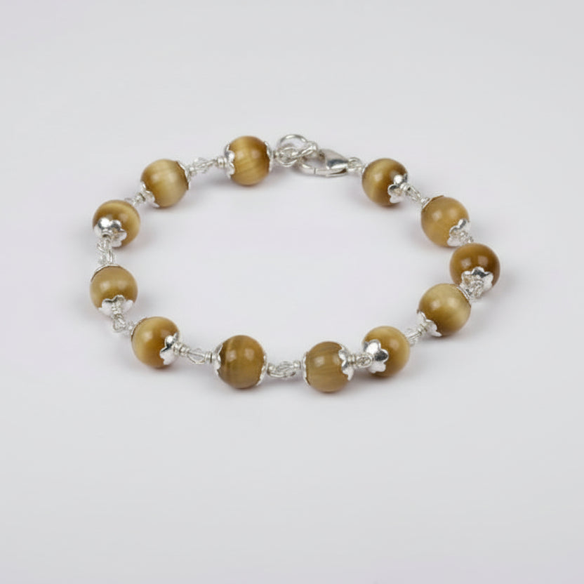Cats Eye Bracelet in Pure Silver Flower Caps