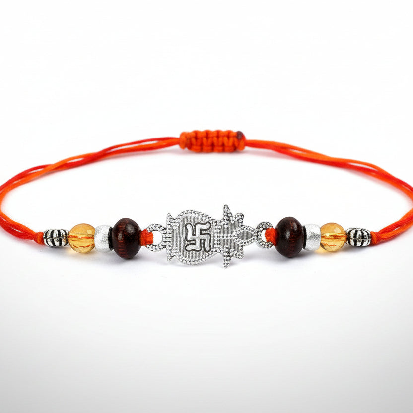 Citrine and Red Sandal beads Rakhi with pure silver accessories in thread