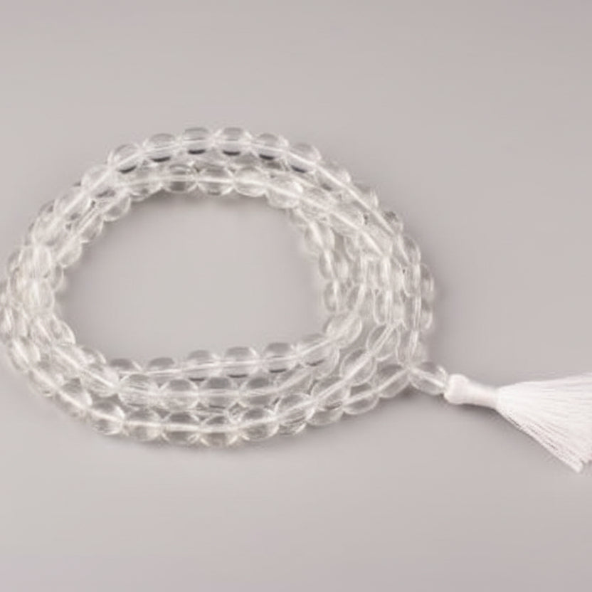 Crystal Drum Shape Mala-54+1 Beads (With Knots + Silver Clasp)