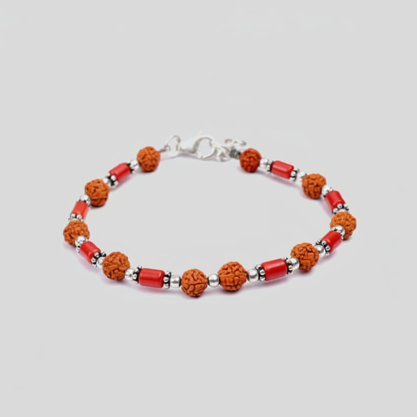 Cylindrical Coral with Rudraksha Beads Bracelet (II)