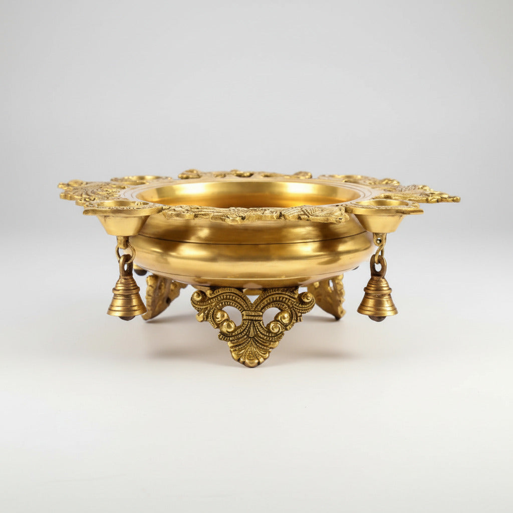 Designer Peacock And Diya Urli In Brass