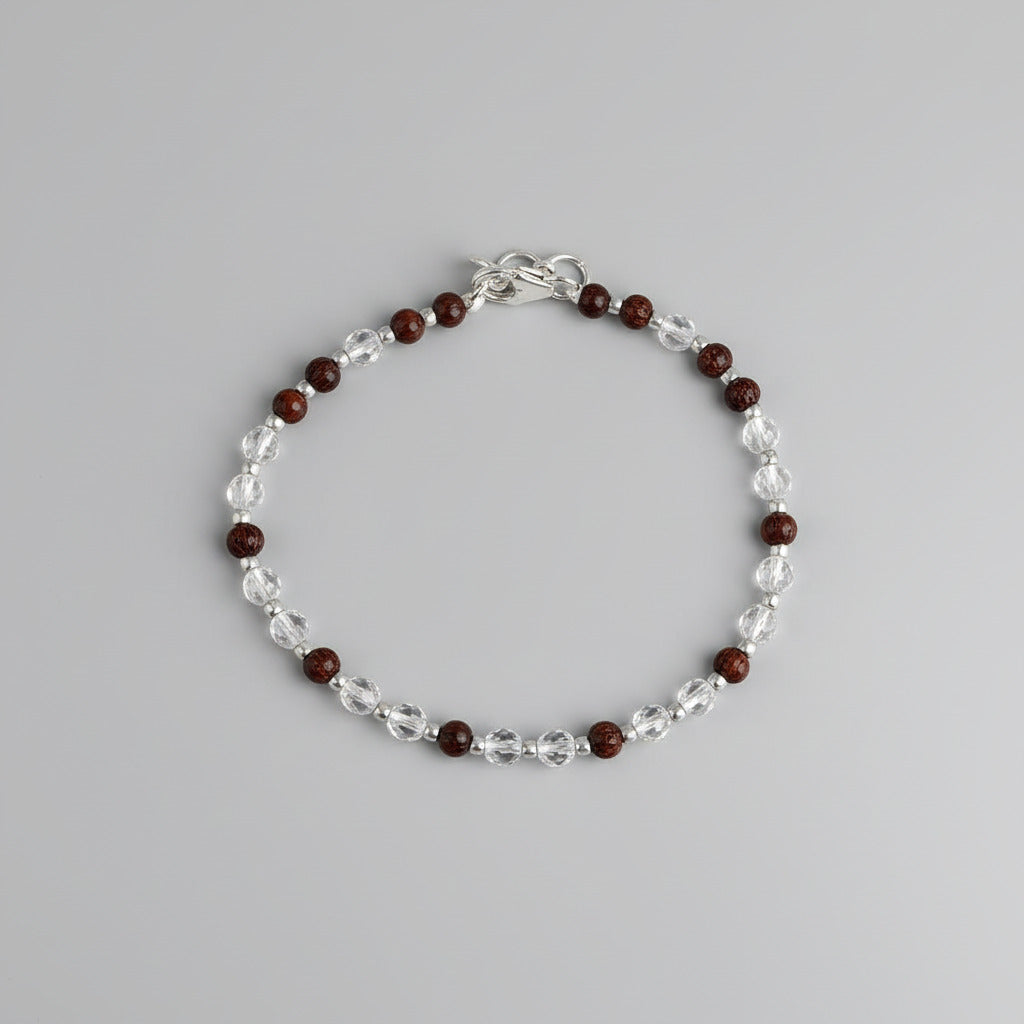 Round Faceted Sphatik & Red Sandalwood Bracelet with Silver Balls & Hook-12 mm