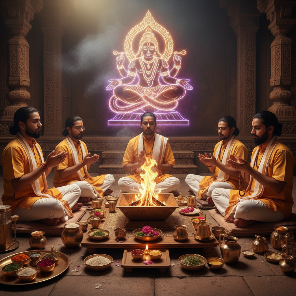 Ketu Grah Shanti Puja Mantra Jaap and Yagna, Square image of  Puja with specific Lord visuals glowing in the background, 4–6 pandits sitting and performing pooja around a havan kund, traditional setup, spiritual atmosphere, high-quality.