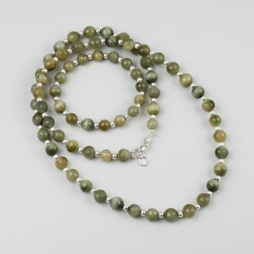 Faceted Cats Eye Mala with Silver Balls (7 mm)