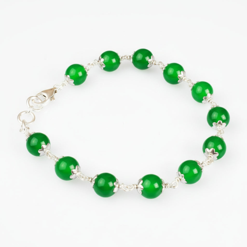 Green Agate Bracelet in Pure Silver Flower Caps
