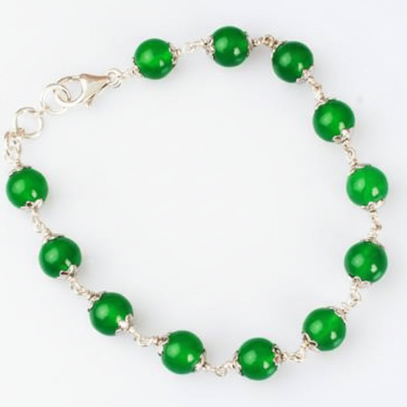 Green Agate Bracelet in Pure Silver Flower Caps