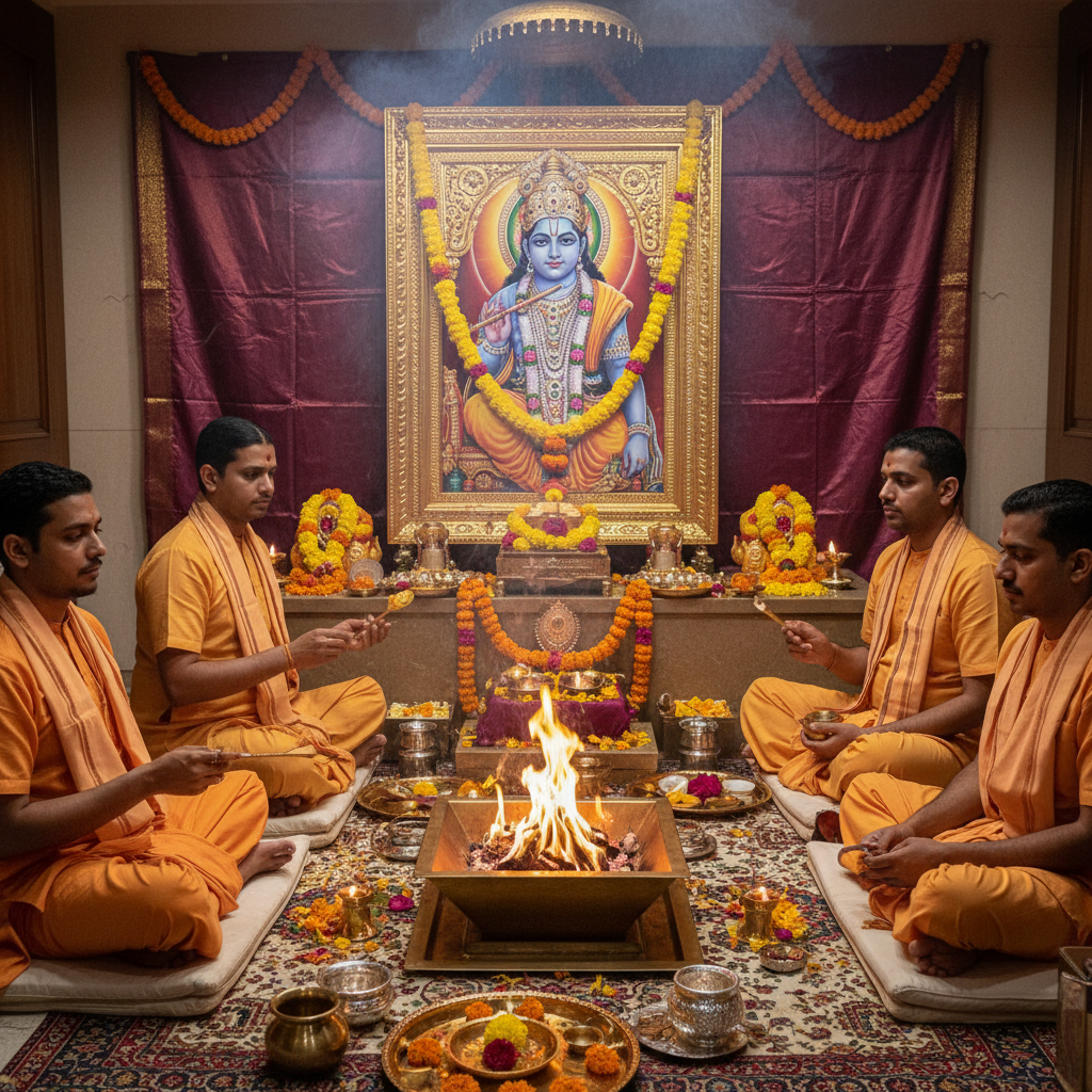 Khatu Shyam Puja, Square image of  Puja with specific Lord visuals glowing in the background, 4–6 pandits sitting and performing pooja around a havan kund, traditional setup, spiritual atmosphere, high-quality.