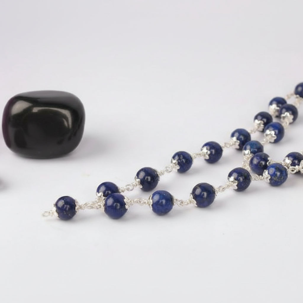 Lapis Lazuli Mala in Pure Silver Flower Caps