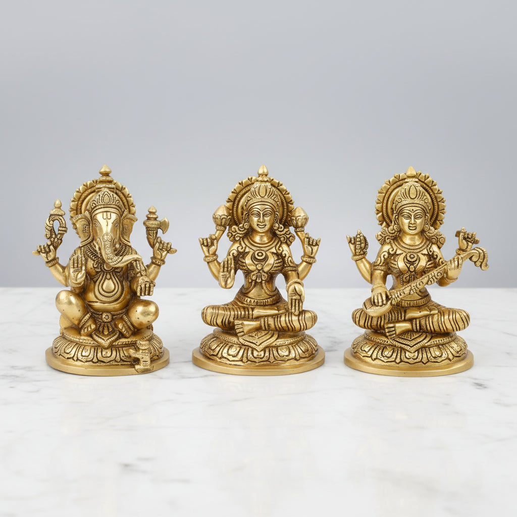 Ganesh Saraswati Lakshmi Brass Murti