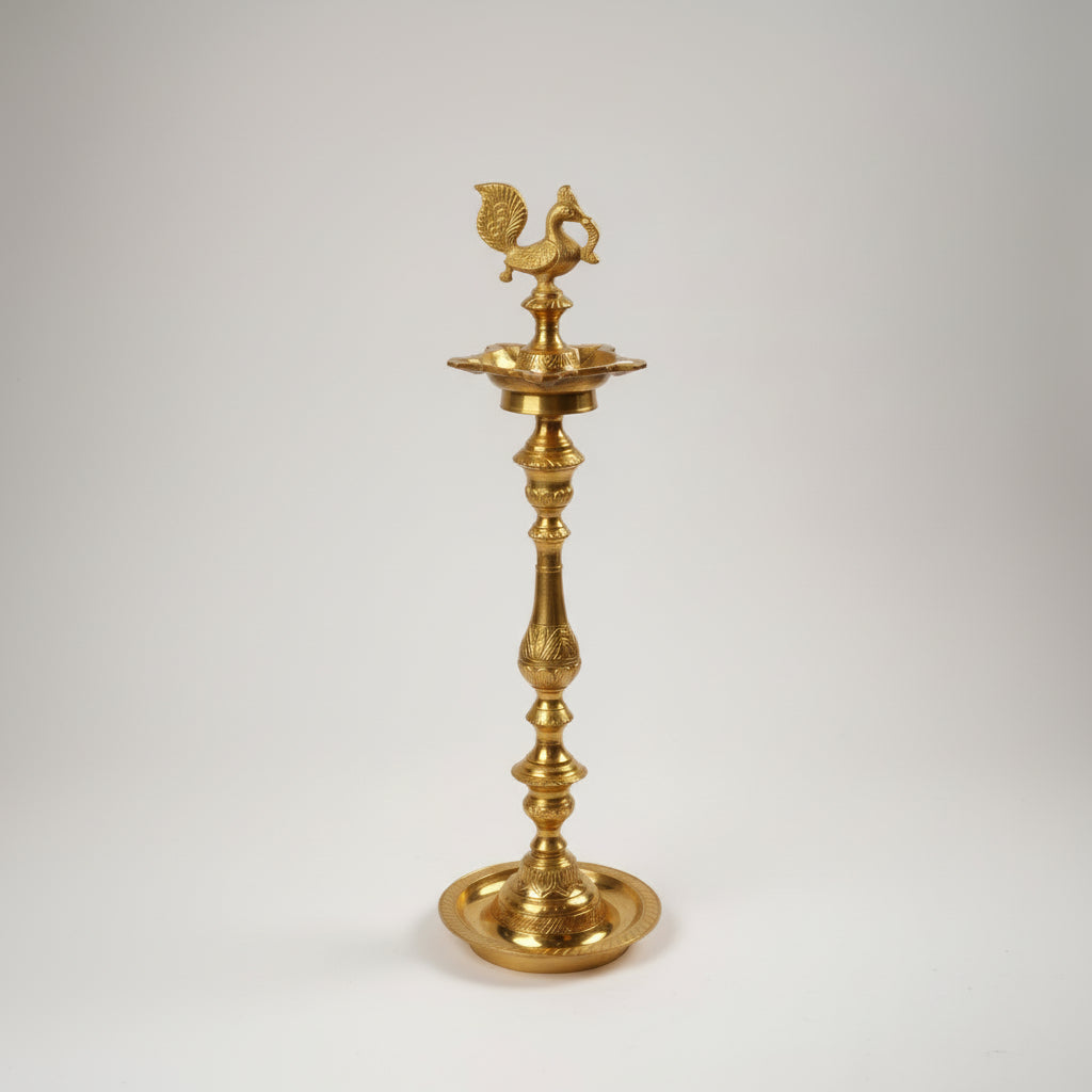 Peacock Samai Oil Lamp In Brass-One Piece
