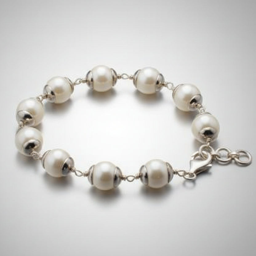 Pearl (Moti) 925 Plain Silver Caps Bracelet