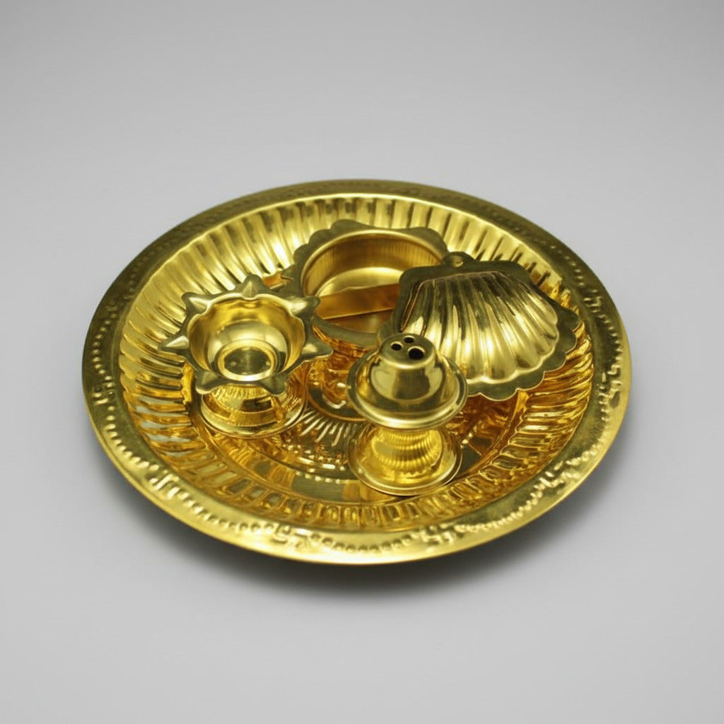 Brass Puja Thali with Incense Stand Haldi Kumkum Dibbi & Panch Batti Diya