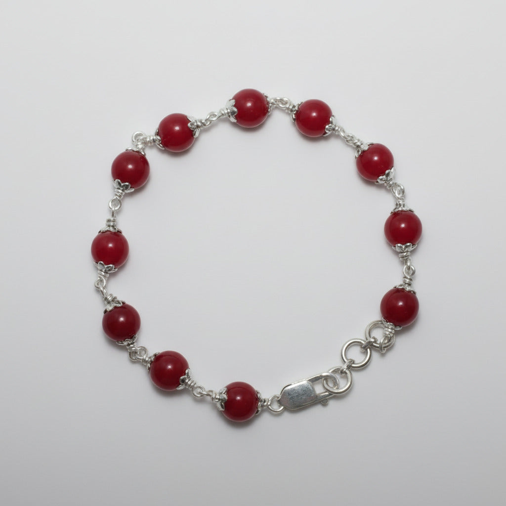 Red Agate Bracelet in Pure Silver Flower Caps