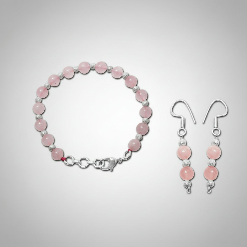 Round Rose Quartz Bracelet Earrings Set (8 mm)