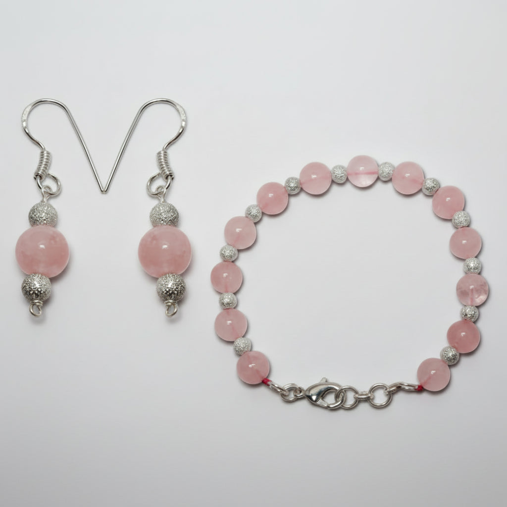 Round Rose Quartz Bracelet Earrings Set (9 mm)