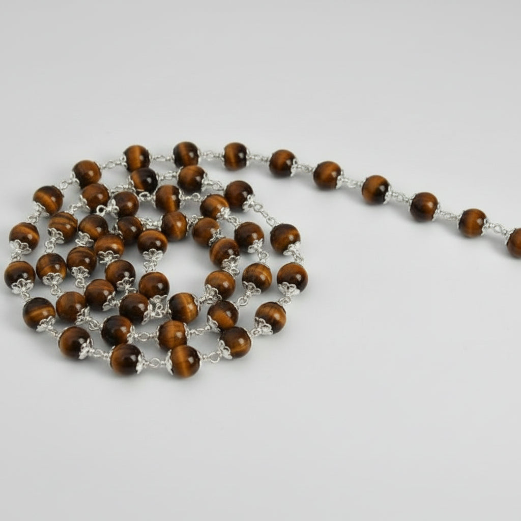 Round Tiger Eye Mala in Pure Silver Flower Caps (8 mm)